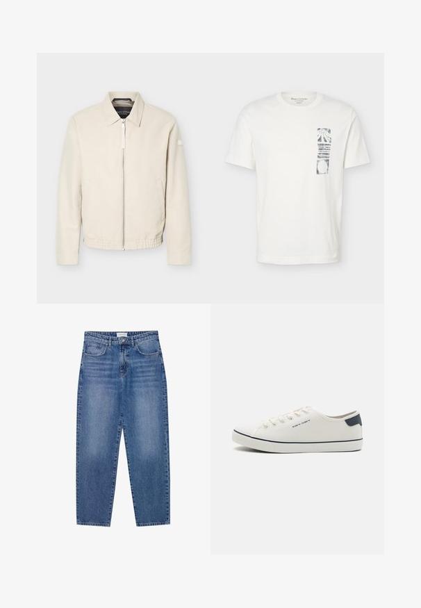 Chaqueta beige con cremallera, cuello, mangas largas, dos bolsillos laterales, cintura elástica y un pequeño parche en la manga izquierda.; Camiseta blanca de manga corta con cuello redondo y un gráfico rectangular abstracto negro en el lado izquierdo del pecho.; Vaqueros de mezclilla azul con un diseño de cintura alta y pierna recta, en acabado desgastado. Presenta cinco bolsillos y un cierre de botón.; Zapatillas de lona en color blanco roto con detalles en azul marino, que cuentan con puntera redonda, diseño de cordones y suela de goma texturizada. Estética simple y limpia.