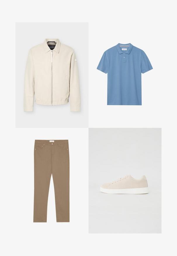 Beige lynlåsjakke med krave, lange ærmer, to sidelommer, elastisk taljebånd og et lille mærke på venstre ærme.; Lysblå polo t-shirt lavet af struktureret stof, med en krave-halsudskæring, tre-knap lukning og korte ærmer.; Tan bomuldsstretchbukser med lige ben, fem-lomme stil og metalhardware-detaljer. Glat tekstur og klassiske syninger.; Beige ruskindsneakers med hvide gummisåler, rund tå og seks snøringshuller. Glat tekstur med minimalisk design.