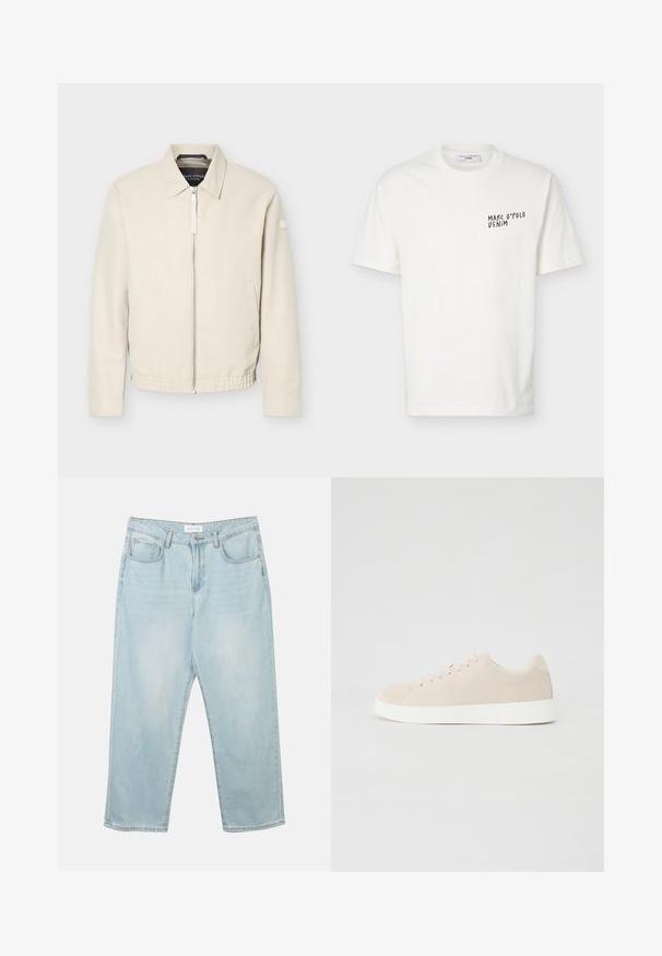 Veste beige à fermeture éclair avec col, manches longues, deux poches latérales, taille élastique et un petit patch sur la manche gauche.; T-shirt blanc à manches courtes et col rond avec le logo "Marc O’Polo Denim" imprimé en noir sur le côté gauche de la poitrine.; Jean en denim bleu clair avec une coupe décontractée, cinq poches, une fermeture à bouton et un léger délavage. La texture est douce et légèrement usée.; Baskets en daim beige avec semelles en caoutchouc blanc, bout rond et six œillets pour les lacets. Texture lisse avec un design minimaliste.