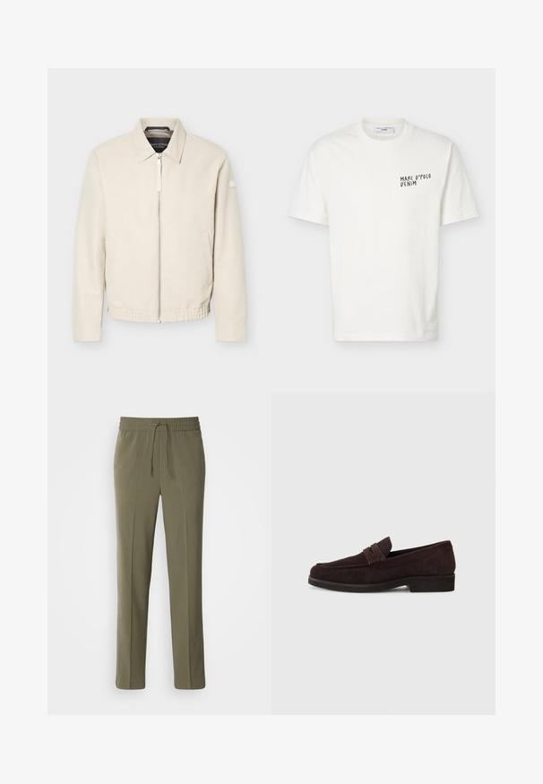 Beige jas met ritssluiting en kraag, lange mouwen, twee zijzakken, elastische tailleband en een klein patch op de linkermouw.; Wit T-shirt met korte mouwen en ronde hals met het logo "Marc O’Polo Denim" in zwart gedrukt op de linkerborst.; Olijfgroene, lichte broek met een elastische tailleband en verstelbaar trekkoord; recht model en een gladde textuur.; Bruine suède loafers met een lage profiel en ronde neus. Heeft een decoratieve band over de bovenkant, een platte rubberen zool en geen zichtbare stiksels.