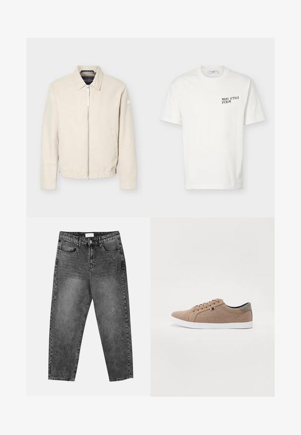 Beige jas met ritssluiting en kraag, lange mouwen, twee zijzakken, elastische tailleband en een klein patch op de linkermouw.; Wit T-shirt met korte mouwen en ronde hals met het logo "Marc O’Polo Denim" in zwart gedrukt op de linkerborst.; Zwart gewassen rechte jeans met voor- en achterzakken, riemlussen en een knoopsluiting in de taille.; Beige canvas sneakers met een low-top ontwerp, witte rubberen zool en ronde veters. Kenmerkt zich door een contrasterende grijze hielaccent en logodetail.