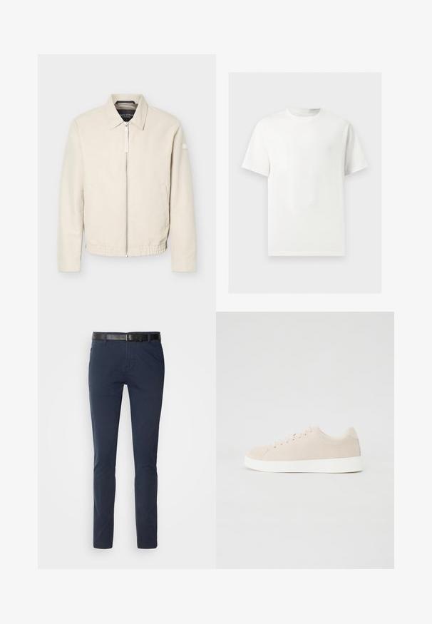 Beige Reißverschlussjacke mit Kragen, langen Ärmeln, zwei Seitentaschen, elastischem Bund und einem kleinen Aufnäher am linken Ärmel.; Ein einfaches weißes T-Shirt mit kurzen Ärmeln und Rundhalsausschnitt, dargestellt auf einem hellgrauen Hintergrund.; Marineblaue Baumwollhose im slim fit, mit einem strukturierten schwarzen Ledergürtel und klassischen Taschen. Schlichtes Design, ohne Muster.; Beige Wildlederschuhe mit weißen Gummisohlen, runder Zehenform und sechs Ösen für die Schnürsenkel. Glatte Textur mit minimalistischem Design.