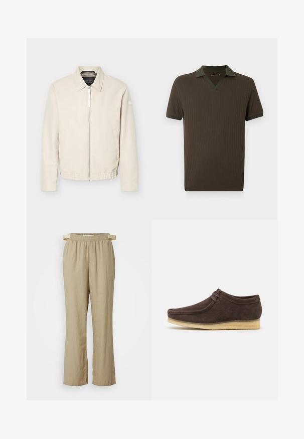 Beige Reißverschlussjacke mit Kragen, langen Ärmeln, zwei Seitentaschen, elastischem Bund und einem kleinen Aufnäher am linken Ärmel.; Kurzärmeliges braunes, gerippt gestricktes Polohemd mit dunkelgrünem Kragen und Ärmelsäumen, V-Ausschnitt, flach auf weißem Hintergrund liegend.; Beige, weite Hosen aus leichtem Stoff. Elastischer Bund mit Bindeband. Mit Vordertaschen und geraden Beinen.; Braune Wildlederschuhe mit glatter Oberfläche, runder Zehenform und minimalistischem Design. Verfügt über eine hellfarbene Gummisohle und kontrastierende Schnürdetails.