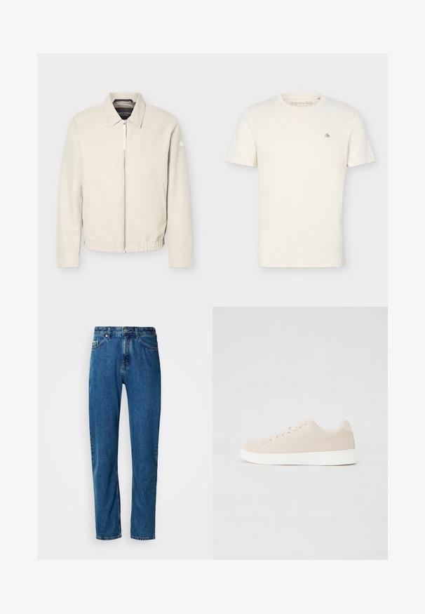 Beige jas met ritssluiting en kraag, lange mouwen, twee zijzakken, elastische tailleband en een klein patch op de linkermouw.; Effen off-white T-shirt met korte mouwen en ronde hals, met een klein "Scotch & Soda" logo op de bovenste linkerborst.; Blauwe rechte spijkerbroek met vijf zakken en een knoopsluiting aan de voorkant op een witte achtergrond.; Beige suède sneakers met witte rubberen zolen, ronde neus en zes veterogen. Gladde textuur met minimalistisch ontwerp.