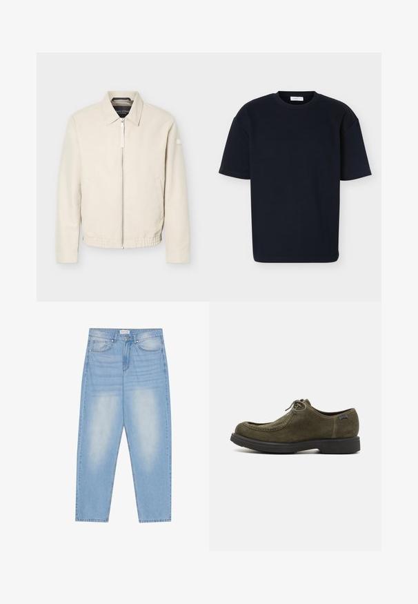 Beige lynlåsjakke med krave, lange ærmer, to sidelommer, elastisk taljebånd og et lille mærke på venstre ærme.; Sort T-shirt med korte ærmer og rund hals med afslappet pasform og subtilt tekstureret stof, vist på en ensartet lys baggrund.; Lyseblå denimjeans med en afslappet pasform, der har fem lommer, subtil falming og syninger langs sømmene.; Mørkegrønne ruskindsko med en glat tekstur, der har en afrundet tå, syninger og en sort gummisål.