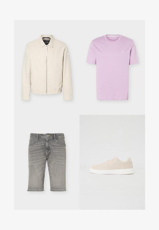 Veste beige à fermeture éclair avec col, manches longues, deux poches latérales, taille élastique et un petit patch sur la manche gauche.; T-shirt mauve clair à manches courtes avec col rond et petit logo blanc "M OP" sur le côté gauche de la poitrine, présenté sur un fond blanc.; Short en jean gris longueur genou avec fermeture bouton et zip, poches avant et arrière, et passants de ceinture.; Baskets en daim beige avec semelles en caoutchouc blanc, bout rond et six œillets pour les lacets. Texture lisse avec un design minimaliste.