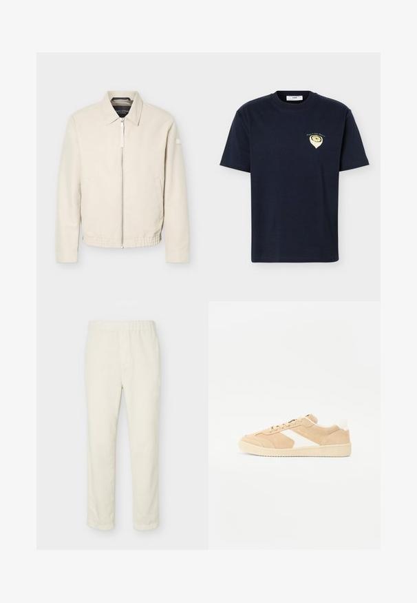 Beige lynlåsjakke med krave, lange ærmer, to sidelommer, elastisk taljebånd og et lille mærke på venstre ærme.; Mørkeblå kortærmet t-shirt med lille gul citrongrafik og teksten "Marc O Polo Denim" på venstre bryst.; Off-white bukser med lige ben, elastisk taljebånd og minimal detaljering, vist på en ensartet lys baggrund.; Beige ruskind sneakers med hvide detaljer, rund tå og snørebåndslukning. Tekstureret overdel og gummisål med diskret branding.