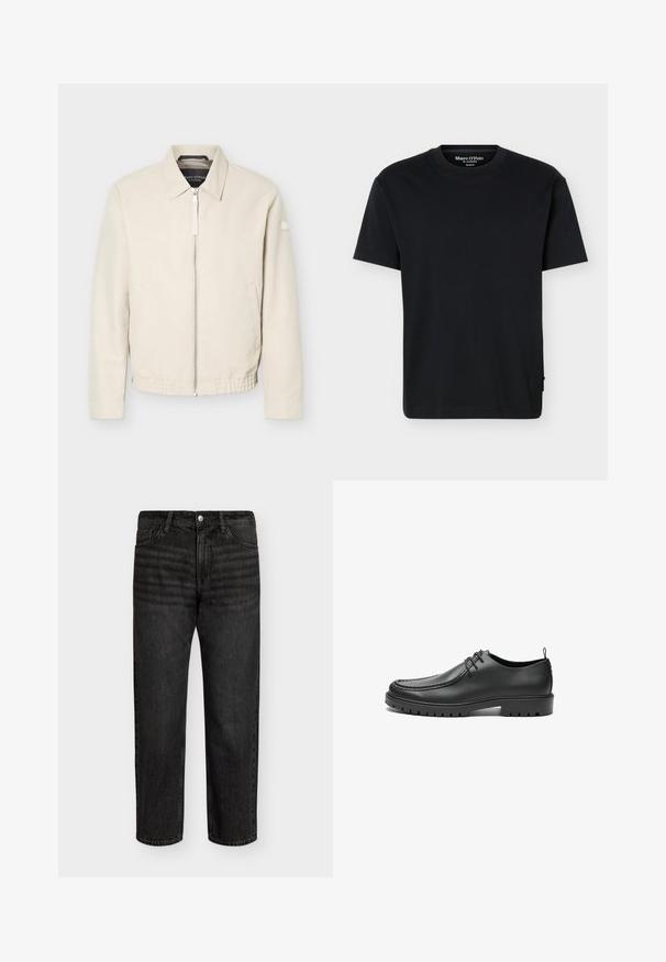 Veste beige à fermeture éclair avec col, manches longues, deux poches latérales, taille élastique et un petit patch sur la manche gauche.; T-shirt noir à manches courtes avec col rond, coupe décontractée et marquage Marc O’Polo à l'intérieur du col sur un fond uni.; Jeans en denim noir avec une coupe droite, présentant une taille mi-haute, cinq poches et une fermeture à bouton en métal. Texture lisse avec des décolorations subtiles.; Chaussures en cuir noir avec une finition lisse, bout arrondi et coutures décoratives. Elles possèdent une semelle en caoutchouc avec des rainures de traction et un laçage.