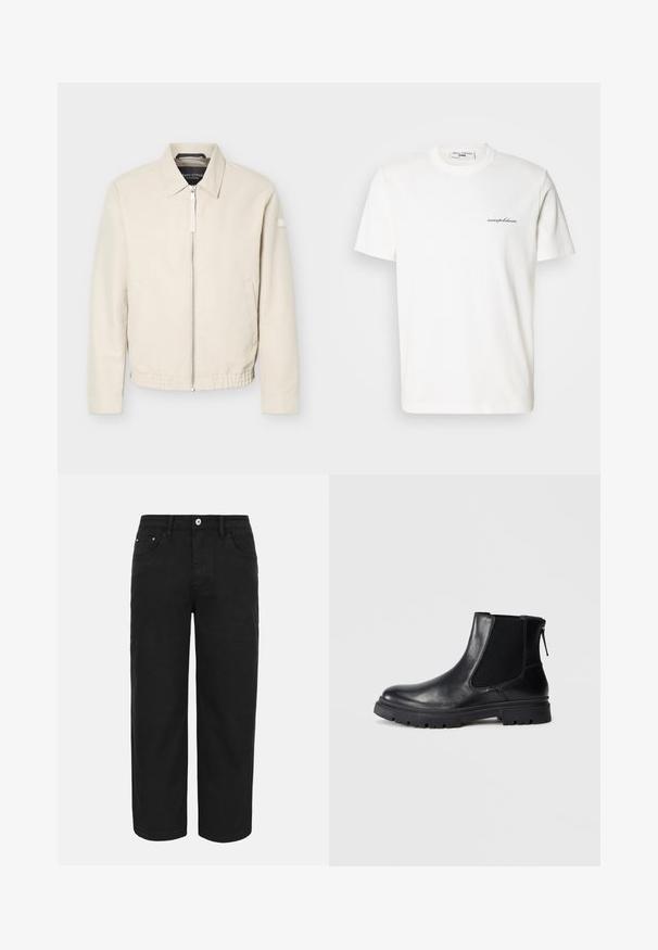 Beige lynlåsjakke med krave, lange ærmer, to sidelommer, elastisk taljebånd og et lille mærke på venstre ærme.; Hvid bomulds-T-shirt med rund halsudskæring og korte ærmer. Har en lille sort logo-tekst på venstre side af brystet.; Sorte bukser med lige ben, forrest med knap- og lynlåslukning, bæltestropper og tre forlommer på en ensfarvet lys baggrund.; Sort læderankelstøvle med en glat overflade, elastiske mesh-sider og en robust sål med synligt mønster.