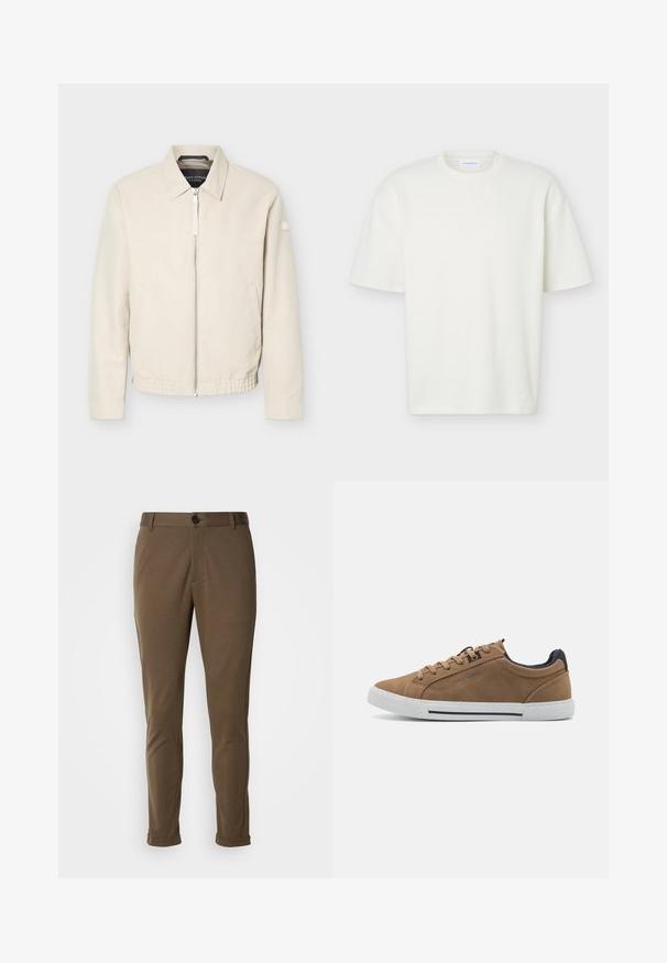 Beige lynlåsjakke med krave, lange ærmer, to sidelommer, elastisk taljebånd og et lille mærke på venstre ærme.; Hvid tekstureret T-shirt med korte ærmer og rund hals med en almindelig pasform og et lille mærke indeni kraven.; Brune skræddersyede bukser med en glat tekstur, der har en knaplukning og rullede manchetter. Designet med en slim fit og funktionelle lommer.; Brune ruskinds sneakers med beige snørebånd, hvid gummisål og en mørkeblå hælaccent. Har syede detaljer og et afslappet design.
