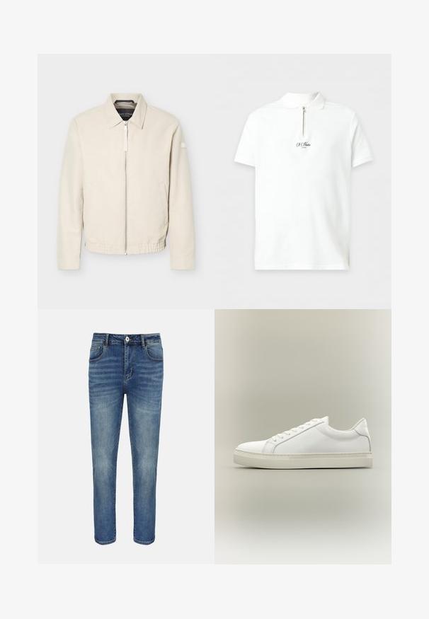 Beige Reißverschlussjacke mit Kragen, langen Ärmeln, zwei Seitentaschen, elastischem Bund und einem kleinen Aufnäher am linken Ärmel.; Weißes Polohemd mit kurzen Ärmeln, einem Reißverschluss am Kragen und kleinem schwarzem Textlogo "St Martin London" in der Brustmitte.; Blaue gerade geschnittene Jeans mit vorderer Knopfleiste und Reißverschluss, Gürtelschlaufen sowie Vorder- und Gesäßtaschen.; Weißer Sneaker mit niedrigem Schaft, vorn mit Schnürung und dicker Sohle, aus der Seitenansicht vor neutralem Hintergrund.