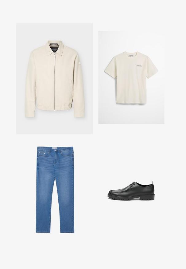 Beige lynlåsjakke med krave, lange ærmer, to sidelommer, elastisk taljebånd og et lille mærke på venstre ærme.; Hvid bomulds t-shirt med korte ærmer, med et lille trykt tekstlogo i mørkegrøn på venstre brystområde. Rund halshud, afslappet pasform.; Lyseblå denimjeans med lige ben, femlommes design, subtil falming og metalbeslag ved taljen og lommerne.; Sorte lædersko med en glat overflade, rund tå og dekorativ stikning. Har en gummisål med skridsikre spor og snørebåndsdesign.