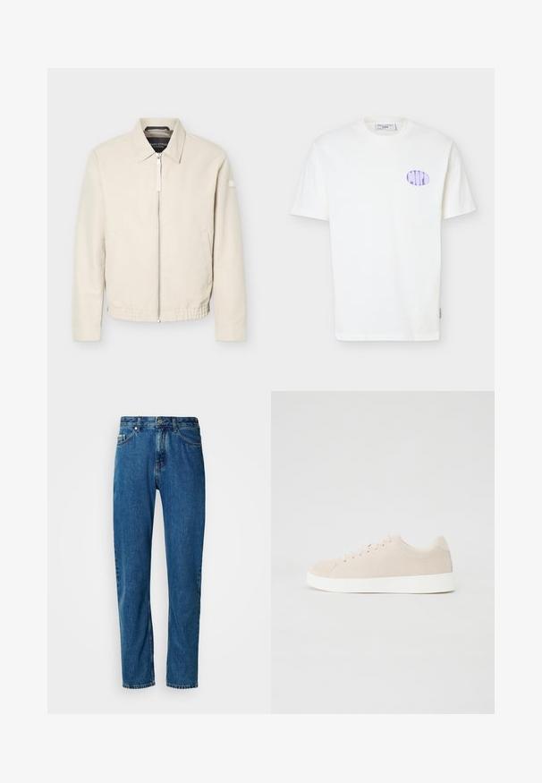 Veste beige à fermeture éclair avec col, manches longues, deux poches latérales, taille élastique et un petit patch sur la manche gauche.; T-shirt blanc à manches courtes en coton avec un logo ovale lilas sur le côté gauche de la poitrine et un col rond.; Jean en denim droit bleu avec cinq poches et fermeture à bouton à l'avant sur fond blanc.; Baskets en daim beige avec semelles en caoutchouc blanc, bout rond et six œillets pour les lacets. Texture lisse avec un design minimaliste.