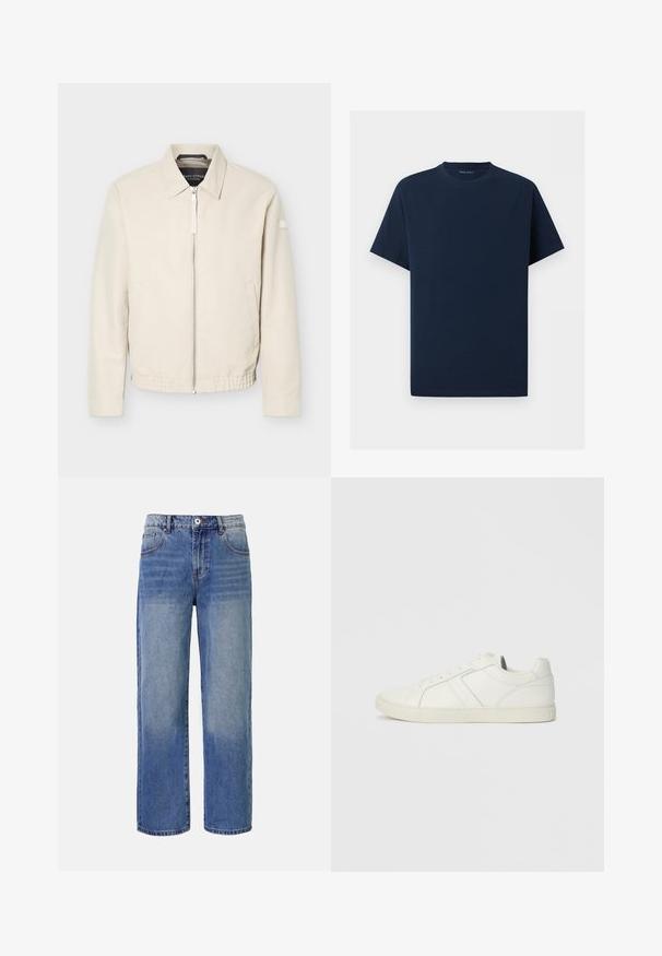 Beige jas met ritssluiting en kraag, lange mouwen, twee zijzakken, elastische tailleband en een klein patch op de linkermouw.; Eenvoudig marineblauw T-shirt met korte mouwen en ronde hals op een witte achtergrond, voorkant zonder zichtbare logo’s of ontwerpen.; Lichtblauwe denim wijdvallende jeans met een vervagend patroon, vijf zakken en een ritsluiting. Kenmerkt zich door een knoop en riemlussen op de taille.; Laag uitgesneden witte leren sneaker met vetersluiting en platte rubberen zool, gezien van de binnenkant op een effen achtergrond.