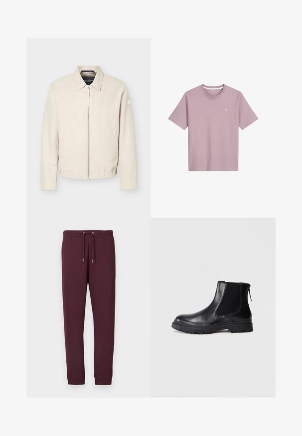 Veste beige à fermeture éclair avec col, manches longues, deux poches latérales, taille élastique et un petit patch sur la manche gauche.; T-shirt rose clair à manches courtes en tissu doux, doté d'un col rond et d'un petit logo brodé sur la poitrine.; Pantalon de survêtement bordeaux en tissu doux, avec une taille élastique à cordon de serrage et des poignets côtelés aux chevilles. Sans poches.; Bottine en cuir noir avec une finition lisse, des panneaux latéraux en maille élastique et une semelle robuste avec un motif de crampons visible.