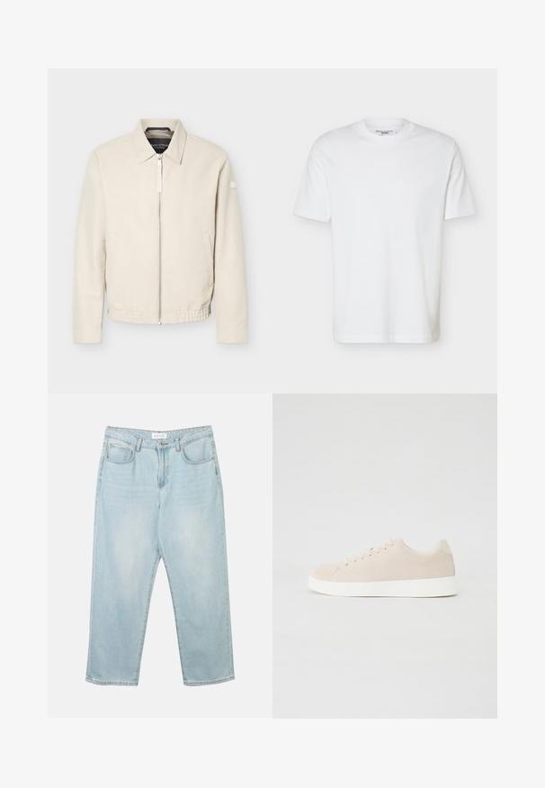 Veste beige à fermeture éclair avec col, manches longues, deux poches latérales, taille élastique et un petit patch sur la manche gauche.; T-shirt blanc uni à manches courtes et col rond avec une étiquette indiquant "Marc O’Polo DENIM" à l'intérieur du col.; Jean en denim bleu clair avec une coupe décontractée, cinq poches, une fermeture à bouton et un léger délavage. La texture est douce et légèrement usée.; Baskets en daim beige avec semelles en caoutchouc blanc, bout rond et six œillets pour les lacets. Texture lisse avec un design minimaliste.