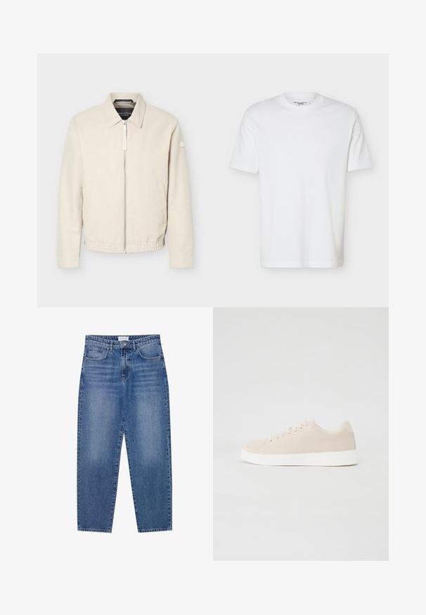 Beige lynlåsjakke med krave, lange ærmer, to sidelommer, elastisk taljebånd og et lille mærke på venstre ærme.; Ensfarvet hvid T-shirt med korte ærmer og rund halsudskæring med en label inde i kraven, der viser "Marc O’Polo DENIM".; Blå denim jeans med høj talje, lige ben design og slidte finish. Har fem lommer og en knaplukning.; Beige ruskindsneakers med hvide gummisåler, rund tå og seks snøringshuller. Glat tekstur med minimalisk design.