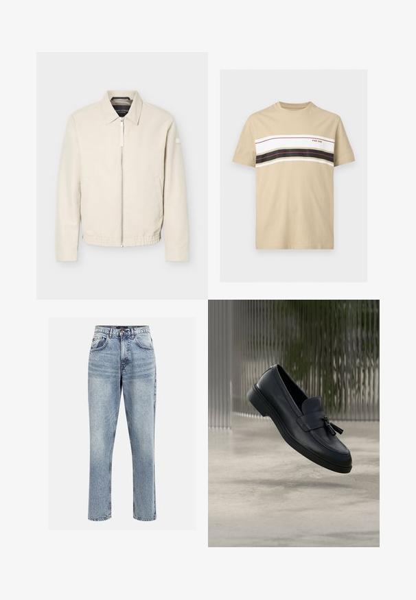 Beige jas met ritssluiting en kraag, lange mouwen, twee zijzakken, elastische tailleband en een klein patch op de linkermouw.; Beige T-shirt met korte mouwen met horizontale witte, zwarte en rode strepen over de borst en de tekst "PIER ONE" aan de rechterkant.; Lichtblauwe denim hoge taille jeans met een rechte pijp, vijf zakken en een knoopsluiting. Heeft subtiele vervaging en stikseldetails.; Zwarte leren loafers met een gladde textuur, een afgeronde neus en decoratieve kwastjes aan de voorkant. Flexibele rubberen zool met lage hak.