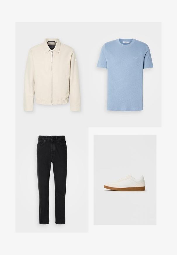 Beige Reißverschlussjacke mit Kragen, langen Ärmeln, zwei Seitentaschen, elastischem Bund und einem kleinen Aufnäher am linken Ärmel.; Helles blaues Baumwoll-T-Shirt, kurze Ärmel, Rundhalsausschnitt, dezentes Logo auf der Vorderseite, glatte Textur, reguläre Passform.; Schwarze Denim-Jeans mit geradem Beinschnitt, ausgestattet mit einem Knopf- und Reißverschluss, Fronttaschen und subtiler Textur.; Weißer Sneaker mit einer Wildleder-Zehenkappe, glattem Synthetik-Obermaterial und einer sandfarbenen Gummisohle. Verfügt über Perforationen an den Seiten für Atmungsaktivität.