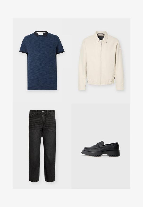 Veste beige à fermeture éclair avec col, manches longues, deux poches latérales, taille élastique et un petit patch sur la manche gauche.; Polo bleu marine à manches courtes avec un motif texturé subtil, col et poignets noirs, et patte de boutonnage à deux boutons.; Jeans en denim noir avec une coupe droite, présentant une taille mi-haute, cinq poches et une fermeture à bouton en métal. Texture lisse avec des décolorations subtiles.; Mocassins en cuir noir avec un bout arrondi, présentant une sangle décorative et une semelle en caoutchouc épaisse avec de profonds crampons pour une meilleure adhérence.