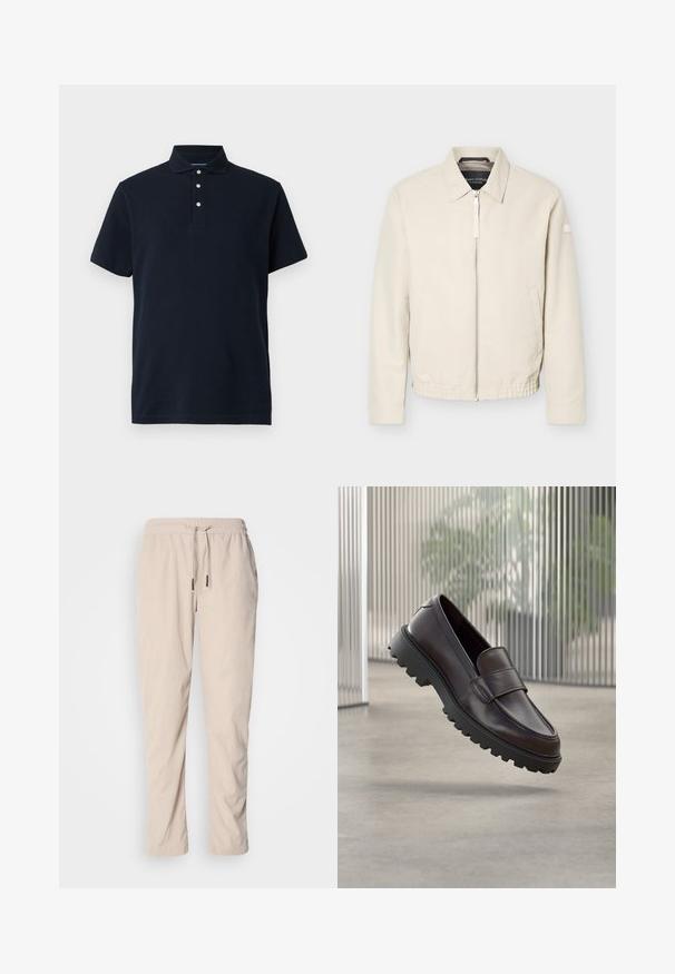 Beige jas met ritssluiting en kraag, lange mouwen, twee zijzakken, elastische tailleband en een klein patch op de linkermouw.; Marineblauwe polo met korte mouwen en een kraag, voorzien van drie witte knopen op de sluiting, weergegeven tegen een effen achtergrond.; Beige corduroy broek met een elastische taille, taps toelopend ontwerp en zijzakken. Textuurstof met verticale ribbel-details.; Bruine leren instapschoen met een afgeronde neus en een stevige zwarte rubberen zool. Voorzien van een decoratief bandje over de wreef.