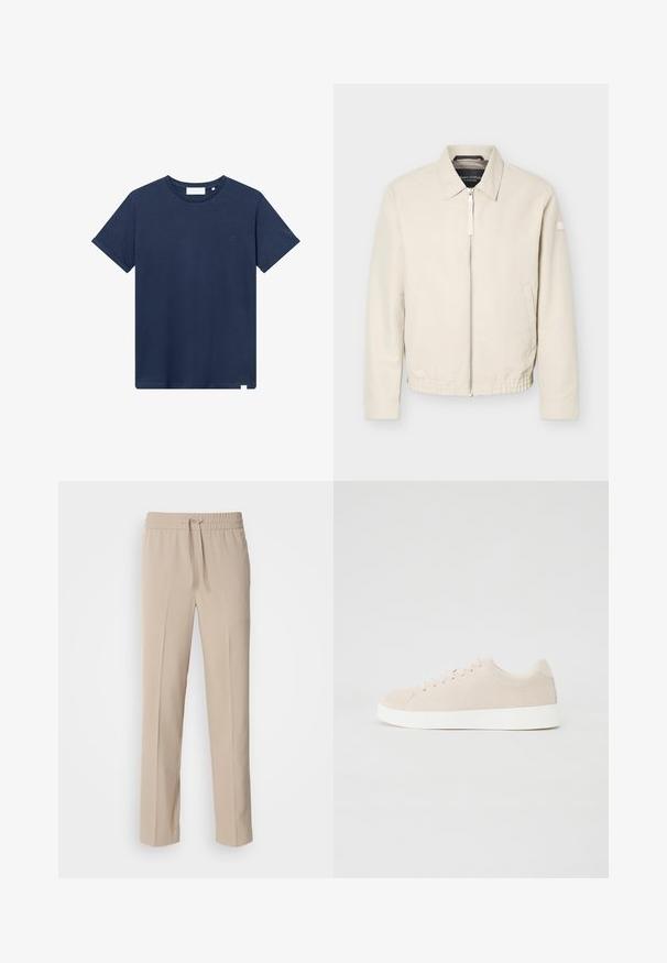 Beige lynlåsjakke med krave, lange ærmer, to sidelommer, elastisk taljebånd og et lille mærke på venstre ærme.; Mørkeblå bomulds-T-shirt med rund halsudskæring, korte ærmer og et lille broderet logo på venstre bryst. Glat tekstur.; Beige, afslappede bukser lavet af blødt materiale, med elastisk talje og snøre samt lige ben med minimale detaljer.; Beige ruskindsneakers med hvide gummisåler, rund tå og seks snøringshuller. Glat tekstur med minimalisk design.