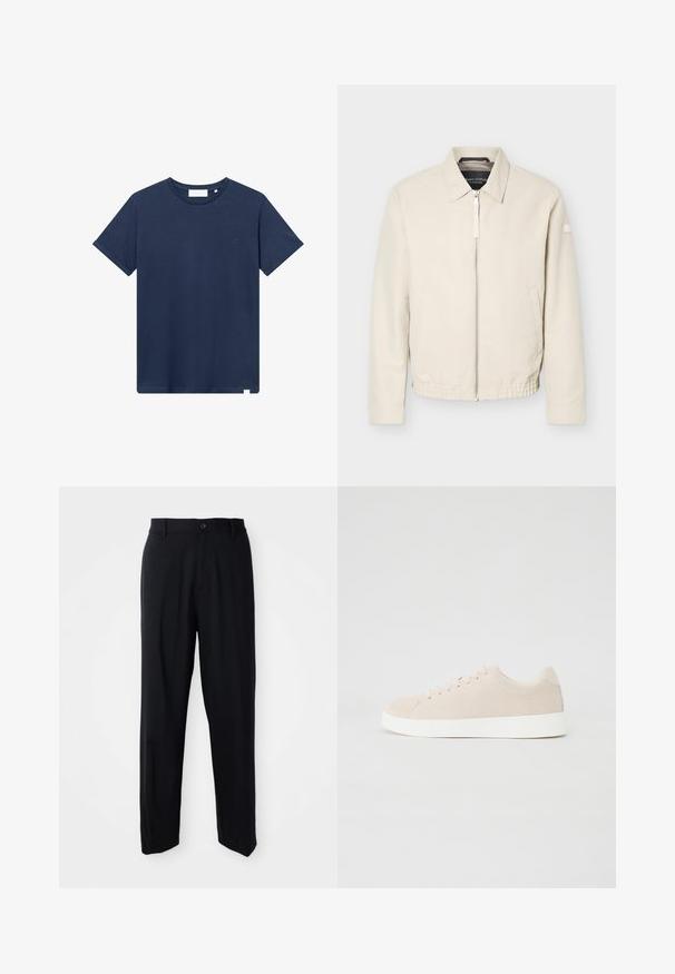 Chaqueta beige con cremallera, cuello, mangas largas, dos bolsillos laterales, cintura elástica y un pequeño parche en la manga izquierda.; Camiseta de algodón azul marino con cuello redondo, mangas cortas y un pequeño logotipo bordado en el lado izquierdo del pecho. Textura suave.; Pantalones rectos negros con trabillas, cierre de botón y un diseño elegante y minimalista sobre un fondo neutro.; Zapatillas de ante beige con suelas de goma blanca, puntera redondeada y seis ojales para los cordones. Textura suave con un diseño minimalista.