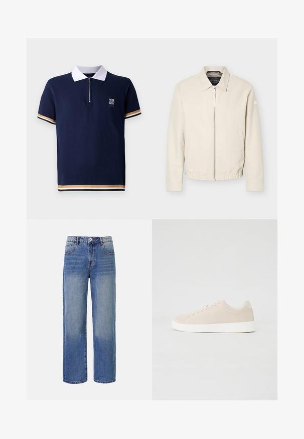 Veste beige à fermeture éclair avec col, manches longues, deux poches latérales, taille élastique et un petit patch sur la manche gauche.; Polo navy avec col blanc, design à fermeture éclair quart, et tissu texturé. Dispose d'accents rayés en or et blanc sur les manches.; Jeans en denim bleu clair à jambes larges avec un motif délavé, cinq poches et une fermeture à glissière. Comprend un bouton et des passants de ceinture à la taille.; Baskets en daim beige avec semelles en caoutchouc blanc, bout rond et six œillets pour les lacets. Texture lisse avec un design minimaliste.