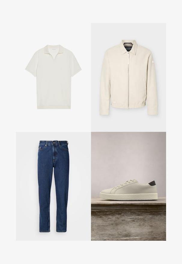 Veste beige à fermeture éclair avec col, manches longues, deux poches latérales, taille élastique et un petit patch sur la manche gauche.; Polo blanc à manches courtes avec un col en V et un tissu texturé. Design simple avec un col et des accents de manches contrastants.; Jean bleu foncé en denim, avec une coupe droite, style cinq poches et des coutures apparentes le long des coutures.; Baskets blanches avec semelle texturée et détail noir au talon, flottant au-dessus d'un banc en bois avec de hautes herbes vertes en arrière-plan.