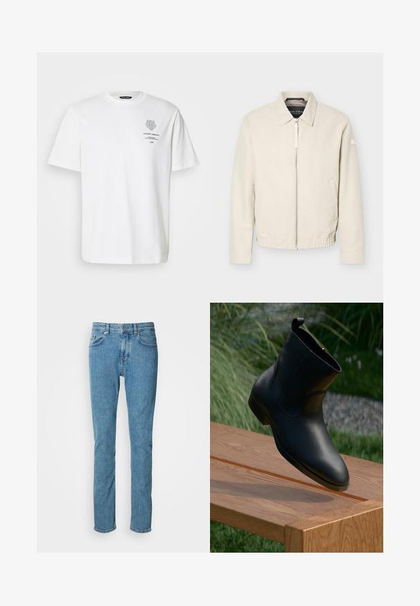 Veste beige à fermeture éclair avec col, manches longues, deux poches latérales, taille élastique et un petit patch sur la manche gauche.; T-shirt en coton blanc avec un col rond, des manches courtes et un motif de logo et de texte imprimé à l'avant en gris.; Jean en denim bleu clair à coupe droite, ceinture robuste et style à cinq poches. Texture douce avec légère décoloration sur les cuisses.; Botte de cheville en cuir noir avec fermeture éclair, placée à une extrémité d'un banc en bois poli à l'extérieur, avec de l'herbe et des pierres en arrière-plan.
