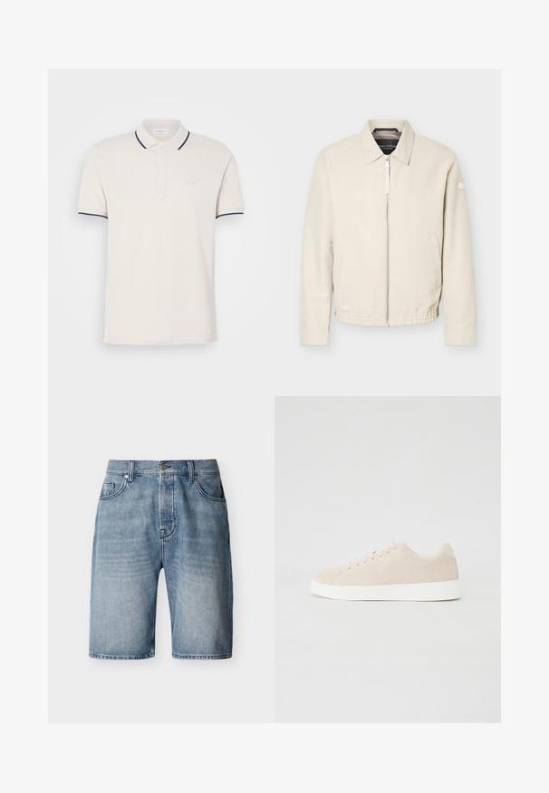 Beige lynlåsjakke med krave, lange ærmer, to sidelommer, elastisk taljebånd og et lille mærke på venstre ærme.; Creme polo shirt med en tre-knap lukning, korte ærmer og marineblå krave- og ærmeaksenter. Blødt bomuldsblandingsstof.; Lyseblå denimshorts med forlommer og møntlomme, knaplukning og bæltestropper, vist mod en hvid baggrund.; Beige ruskindsneakers med hvide gummisåler, rund tå og seks snøringshuller. Glat tekstur med minimalisk design.