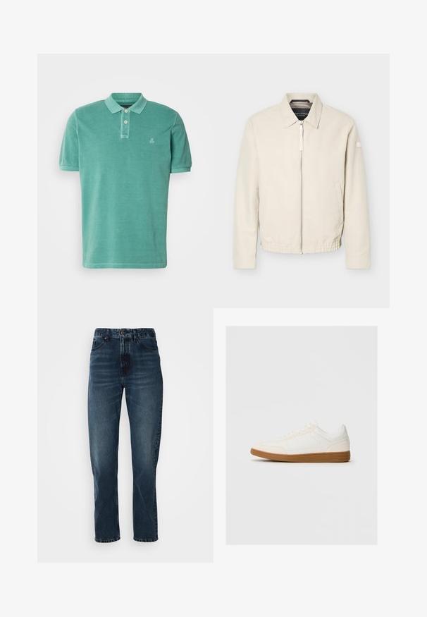 Beige lynlåsjakke med krave, lange ærmer, to sidelommer, elastisk taljebånd og et lille mærke på venstre ærme.; Polo skjorte i teal, lavet af bomuld med klassisk krave, to-knaps lukning og et lille logo på venstre side af brystet.; Mørkeblå lige bukser med frontknap og lynlås, fem-lomme design og subtil fading på lår og knæ.; Hvide sneakers med en ruskind tåspids, glat syntetisk overdel og tan gummisål. Har perforeringer på siderne for åndbarhed.