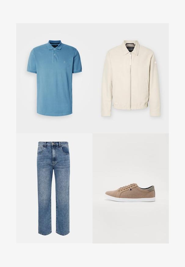 Beige Reißverschlussjacke mit Kragen, langen Ärmeln, zwei Seitentaschen, elastischem Bund und einem kleinen Aufnäher am linken Ärmel.; Helles blaues Poloshirt aus Baumwolle, mit klassischem Kragen, Drei-Knopf-Leiste und kleinem gesticktem Logo auf der Brust.; Jeans aus blauem Denim mit geradem Bein, vorderen Taschen, Gürtelschlaufen, Knopfverschluss und verwaschenen Details.; Beige Leinensneaker mit einem Low-Top-Design, weißer Gummisohle und runden Schnürsenkeln. Mit kontrastierenden grauen Akzenten an der Ferse und einem Logo-Detail.