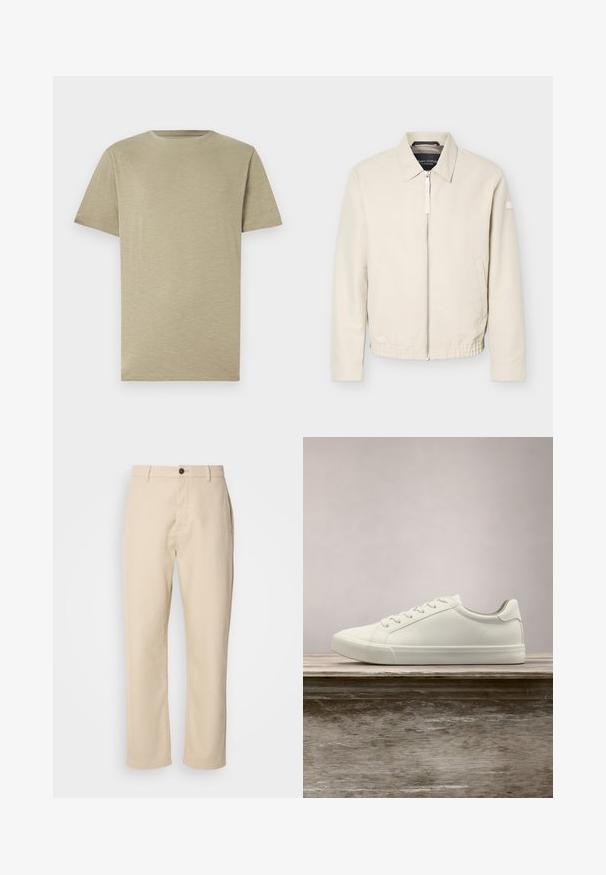 Beige Reißverschlussjacke mit Kragen, langen Ärmeln, zwei Seitentaschen, elastischem Bund und einem kleinen Aufnäher am linken Ärmel.; Helles Khaki-T-Shirt, kurze Ärmel, Rundhalsausschnitt, weiche Textur, glatter Stoff, ohne Muster oder Akzente, gerade geschnitten, neutrale Farbe.; Beige Baumwollhosen mit geraden Beinen, einem Knopfverschluss vorne, Seitentaschen und einer glatten Textur. Minimalistisches Design, ohne sichtbare Muster.; Weiße Schnürsneaker, die über einer Holzbank mit grünem Laub im Hintergrund schweben und das Schuhdesign sowie die Textur zeigen.