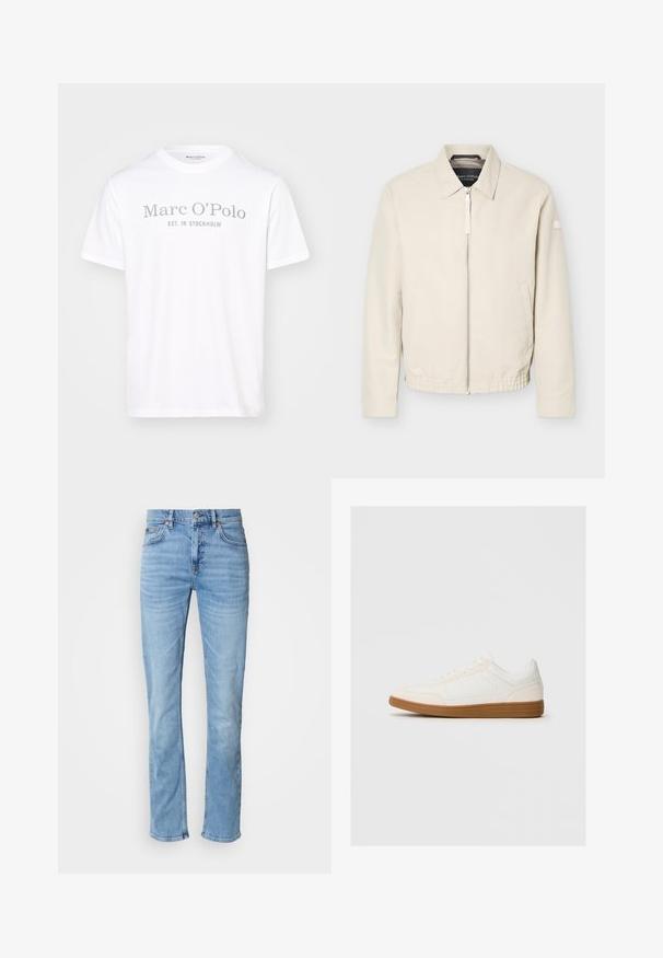 Beige jas met ritssluiting en kraag, lange mouwen, twee zijzakken, elastische tailleband en een klein patch op de linkermouw.; Witte katoenen T-shirt met een ronde hals, korte mouwen en grijze opdruk met de tekst "Marc O'Polo EST. IN STOCKHOLM."; Lichtblauwe spijkerbroek met rechte pijpen, vijfzakkenontwerp, knoopsluiting en subtiele vervaagde details op dijen en knieën.; Witte sneaker met een suède neus, een glad synthetisch bovenwerk en een tan rubberen zool. Beschikt over perforaties aan de zijkanten voor ventilatie.