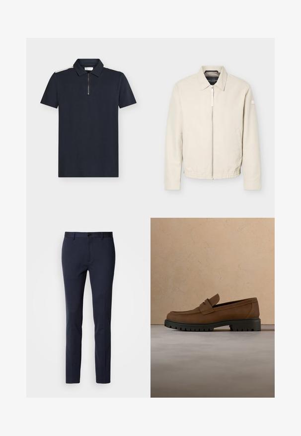 Beige Reißverschlussjacke mit Kragen, langen Ärmeln, zwei Seitentaschen, elastischem Bund und einem kleinen Aufnäher am linken Ärmel.; Marineblaues Poloshirt mit kurzen Ärmeln, strukturierter Stoff, Reißverschluss am Kragen und kontrastierenden weißen Akzenten auf den Schultern.; Navy-Hosen aus glattem, elastischem Stoff. Mit Reißverschluss, einem einzelnen Knopfverschluss und schmal zulaufenden Beinen.; Dunkelbrauner Lederloafer mit dicker schwarzer Gummisohle, dargestellt über beigem Teppich und Sofa-Hintergrund.