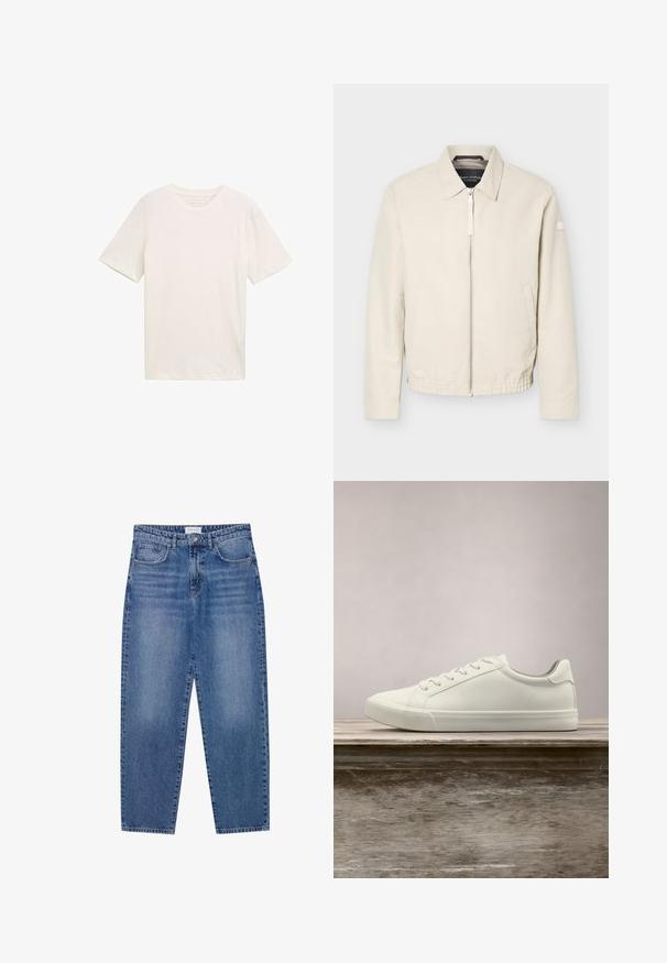 Beige lynlåsjakke med krave, lange ærmer, to sidelommer, elastisk taljebånd og et lille mærke på venstre ærme.; Kortærmet T-shirt med rund hals i off-white bomuld. Har en afslappet pasform med glat tekstur og ingen bemærkelsesværdige mønstre eller accenter.; Blå denim jeans med høj talje, lige ben design og slidte finish. Har fem lommer og en knaplukning.; Hvide snørresneakers svævende over en træbænk med grønne planter i baggrunden, der fremhæver skodesign og tekstur.