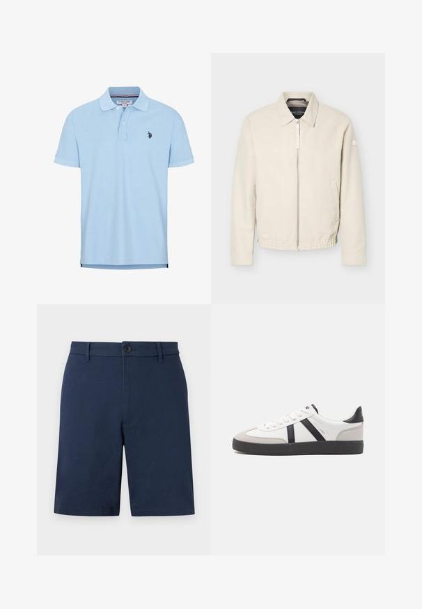 Beige jas met ritssluiting en kraag, lange mouwen, twee zijzakken, elastische tailleband en een klein patch op de linkermouw.; Lichtblauwe polo met korte mouwen van zachte katoen. Beschikt over een drieknops sluiting, kraag en geborduurd logo op de borst.; Marineblauwe, op maat gemaakte herenshorts met riemlussen, knoopsluiting en een strak voorontwerp tegen een effen achtergrond.; Witte sneaker met zwarte en grijze accenten, voorzien van een grijze neus met textuur, zwarte rubberen zool en platte witte veters. Schoon ontwerp, minimalistische stijl.