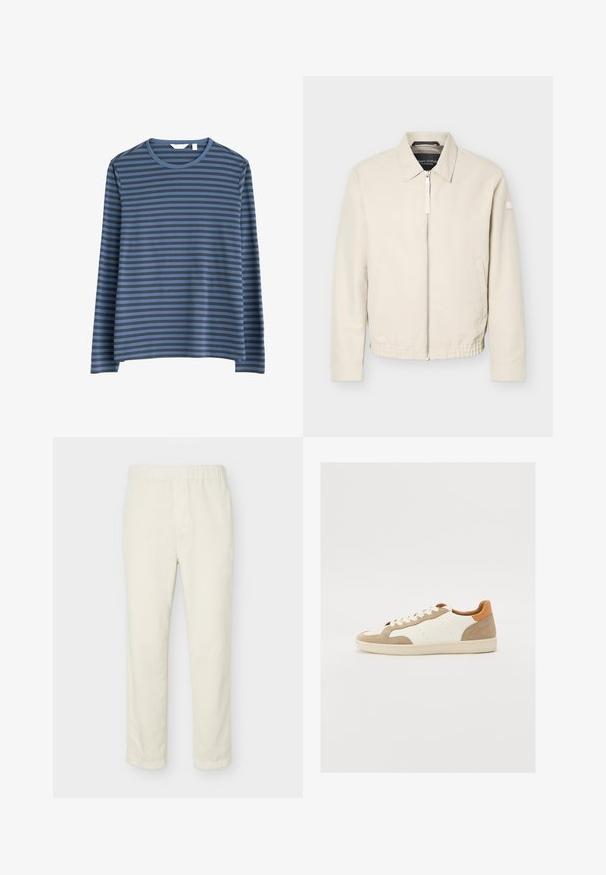 Béžová bunda na zips s golierom, dlhými rukávmi, dvoma bočnými vreckami, elastickým pásom a malou nášivkou na ľavom rukáve.; Seasalt Cornwall SAILOR - Top s dlhým rukávom - blue mini cornish vintage indigo; Mramorovo-biele rovné nohavice s elastickým pásom a minimálnymi detailmi, zobrazené na svetlom jednofarebnom pozadí.; Tenisky s krémovým koženým zvrškom, béžovými semišovými akcentmi a hnedým opätkom. Obsahujú ploché šnúrky a perforácie pre lepšiu priedušnosť.