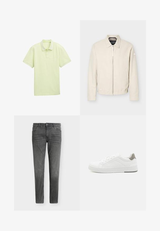 Beige lynlåsjakke med krave, lange ærmer, to sidelommer, elastisk taljebånd og et lille mærke på venstre ærme.; Lys grøn polo shirt, korte ærmer, blødt stof, to-knappers lukning, hvid stribe-detaljering på krave og ærmekanter. Simpelt logo foran.; Slim-fit grå denimjeans med frontknap og lynlås, bæltestropper og design med fem lommer på en ensfarvet hvid baggrund.; Hvid sneaker lavet af glat læder, rund tå, minimalistisk design, grå hælafsats og tekstureret gummisål.