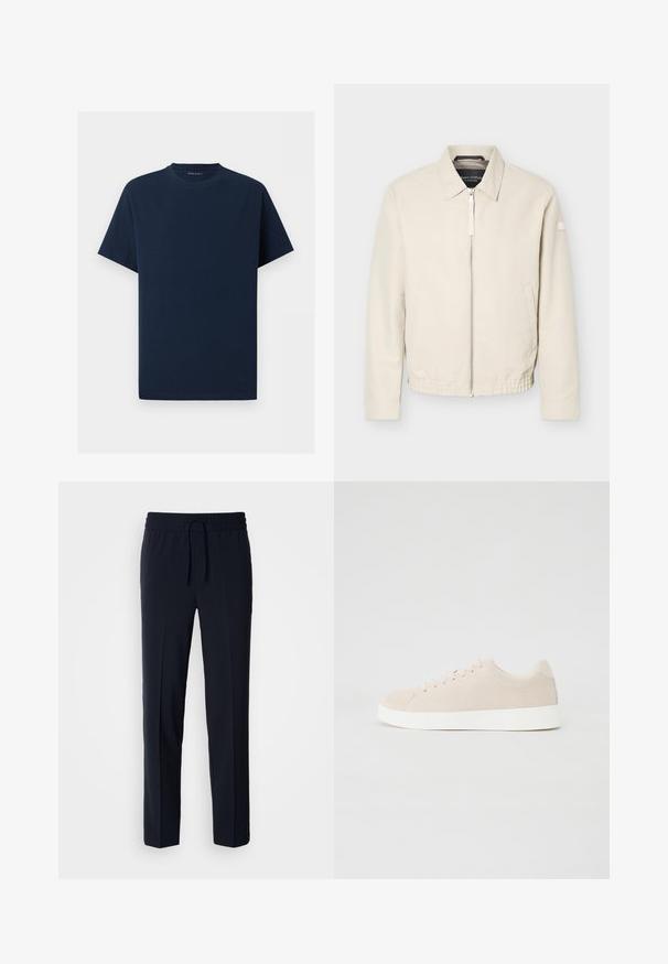 Veste beige à fermeture éclair avec col, manches longues, deux poches latérales, taille élastique et un petit patch sur la manche gauche.; T-shirt bleu marine uni à manches courtes et col rond sur fond blanc, vue de face sans logos ni motifs visibles.; Pantalons légers bleu marine avec une taille élastique et un cordon de serrage réglable, présentant un design coupe droite et une texture lisse.; Baskets en daim beige avec semelles en caoutchouc blanc, bout rond et six œillets pour les lacets. Texture lisse avec un design minimaliste.