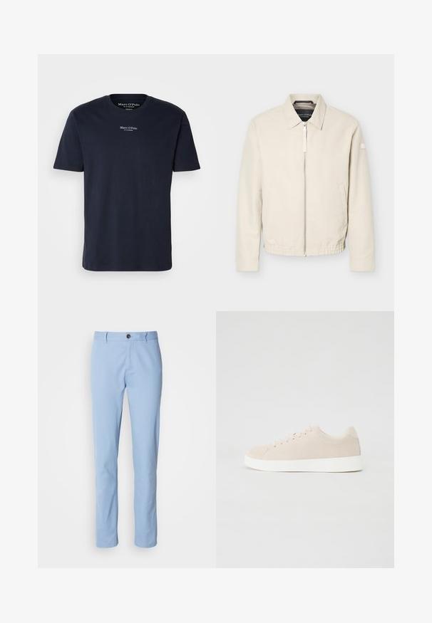 Beige Reißverschlussjacke mit Kragen, langen Ärmeln, zwei Seitentaschen, elastischem Bund und einem kleinen Aufnäher am linken Ärmel.; Dunkelblaue Baumwoll-T-Shirt mit kurzen Ärmeln, Rundhalsausschnitt, mit kleinem weißen Logo-Text auf der oberen Brust. Angenehme Haptik, normale Passform.; Helle blaue Baumwollchinos mit geradem Beinschnitt, ausgestattet mit einem einzelnen Knopfverschluss und dezenten vorderen Falten.; Beige Wildlederschuhe mit weißen Gummisohlen, runder Zehenform und sechs Ösen für die Schnürsenkel. Glatte Textur mit minimalistischem Design.