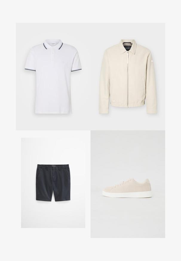 Beige jas met ritssluiting en kraag, lange mouwen, twee zijzakken, elastische tailleband en een klein patch op de linkermouw.; Witte poloshirt van katoen met een kraag, drieknoopsluiting en marineblauwe en witte gestreepte accenten op de mouwen.; Zwarte knielange herenshorts met riemlussen, een knoopsluiting en voorzakken op een effen lichtgrijze achtergrond.; Beige suède sneakers met witte rubberen zolen, ronde neus en zes veterogen. Gladde textuur met minimalistisch ontwerp.