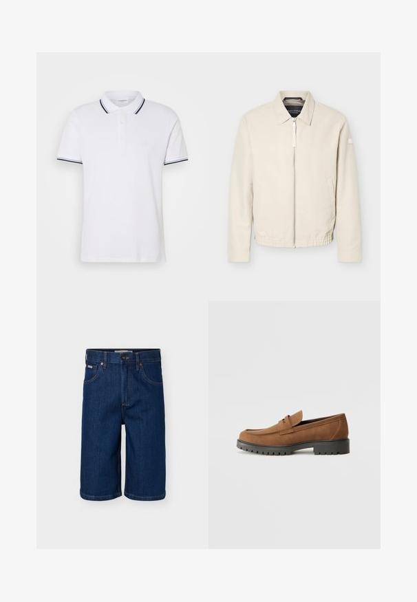 Chaqueta beige con cremallera, cuello, mangas largas, dos bolsillos laterales, cintura elástica y un pequeño parche en la manga izquierda.; Camiseta polo blanca de algodón con cuello, tapeta de tres botones y acentos a rayas en azul marino y blanco en las mangas.; Pantalones cortos vaqueros azul oscuro con bolsillos delanteros, presillas para cinturón, cierre de botón y costuras en contraste.; Mocasines de ante marrón con punta redondeada y una suela de goma negra baja, que presentan una correa decorativa y detalles de costura en la parte superior.