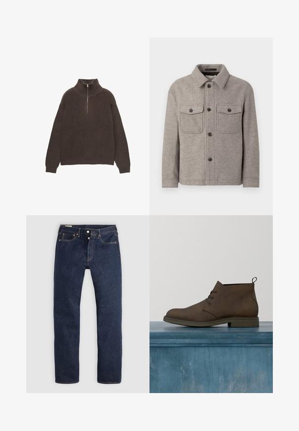 Grå uldblandet jakke med spids krave, to brystlommer, frontlukning med knap og lange ærmer. Tekstureret overflade og klassisk design.; Brun strikket pullover med høj krave og halv lynlås. Har ribbet tekstur og dropped shoulders for en afslappet pasform.; Mørkeblå jeans med lige ben, knaplukning, for- og baglommer samt kontrastsyning, lagt fladt på en lys baggrund.; Brun syntetisk lædersko med rundet tå, snørebånd og en tekstureret gummisål. Den har en trække-flig bagpå for nem påtagning.