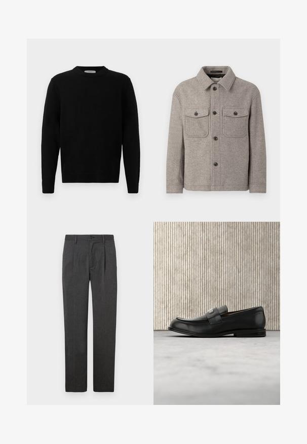 Grau melierte Wollmischjacke mit spitzem Kragen, zwei Brusttaschen, vorderem Knopfverschluss und langen Ärmeln. Strukturiert Oberfläche und klassisches Design.; Schwarzer Strickpullover mit rundem Halsausschnitt, langen Ärmeln und gerippten Bündchen. Weicher Stoff mit einem klaren, minimalistischen Design, geeignet für lässige Anlässe.; Graue maßgeschneiderte Hose mit geradem Bein, ausgestattet mit einer Bügelfalte, Reißverschluss und Knopfverschluss. Glatte Textur, klassisches Design.; Schwarzer Lederloafer mit einer Metallmarkenplatte, der nahe einem braunen runden Tisch auf beigem Teppichboden ruht.