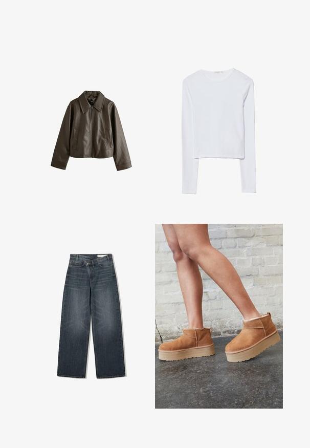 Veste marron en simili cuir avec une fermeture éclair devant, un large col, des manches longues et deux poches verticales sur le devant.; Haut court à manches longues blanc, en coton doux, avec un col rond et une coupe ajustée, comportant des coutures minimes et sans ornements.; Jean en denim foncé avec une coupe large, doté d'une taille haute, de cinq poches et d'un léger délavage sur le devant.; Bottines en suède marron avec une doublure en peluche, semelle épaisse en beige et une poignée à l'arrière. Surface texturée avec des détails de couture visibles.
