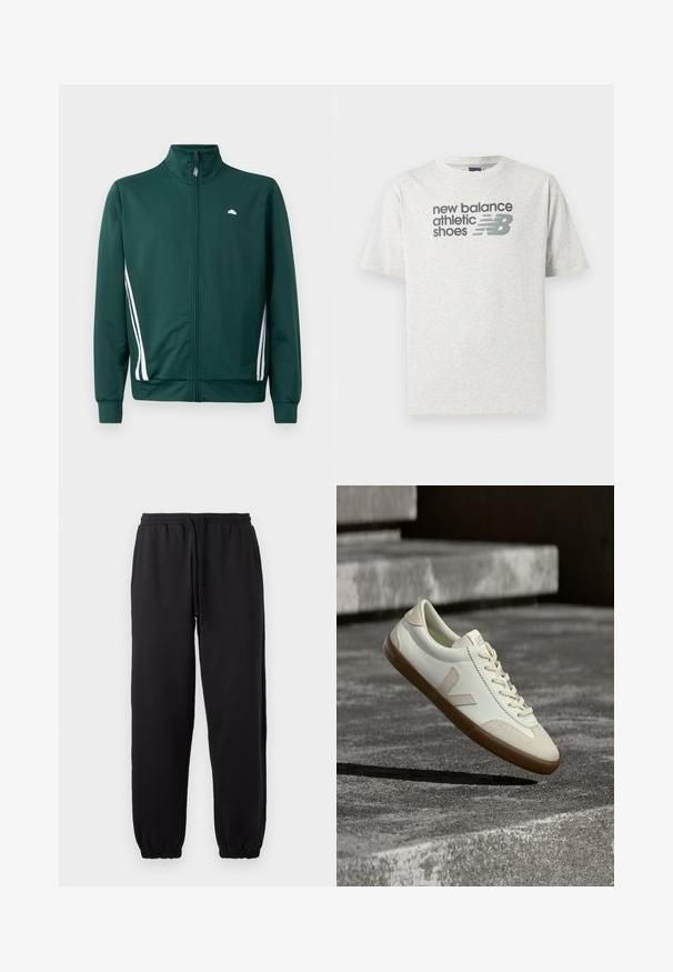 Chaqueta de chándal verde con cremallera y cuello alto, rayas laterales blancas y logo en el pecho. Tejido suave con diseño ligero y deportivo.; Camiseta de manga corta de color gris claro con el texto "new balance athletic shoes" y un logotipo estilizado "NB" en gris oscuro en el pecho.; Pantalones jogger negros hechos de una tela suave, con cintura elástica y cordón ajustable, y dobladillos en los tobillos.; Zapatillas blancas de cuero con suela de goma color beige, cordones planos y un acento en forma de V en el costado. Presentan una superficie lisa y detalles mínimos de costura.