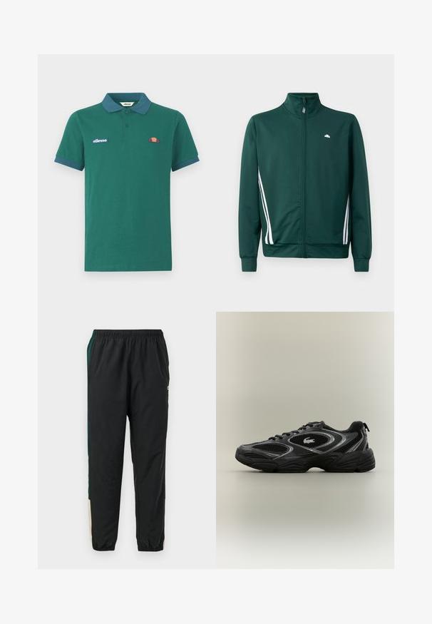 Groene zip-up trainingsjack met hoge kraag, witte zijstrepen en logo op de borst. Glad materiaal met een lichte, sportieve uitstraling.; Groene polo shirt van katoen met een contrasterende blauwe kraag en manchetten. Heeft een geborduurd logo en een klein kleurrijk ontwerp op de borst.; Zwarte trainingsbroek met een elastische tailleband, voorzien van groene en beige zijpanelen en een taps toelopend ontwerp. Gemaakt van lichtgewicht materiaal.; Zwarte en grijze sport sneaker met meshpanelen, vetersluiting, dikke zool en een klein krokodillologo aan de zijkant.