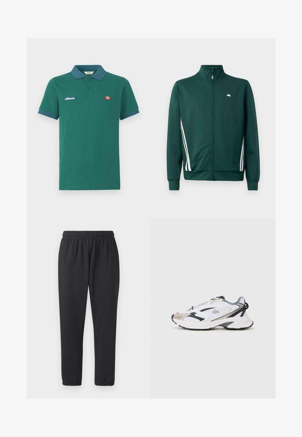 Groene zip-up trainingsjack met hoge kraag, witte zijstrepen en logo op de borst. Glad materiaal met een lichte, sportieve uitstraling.; Groene polo shirt van katoen met een contrasterende blauwe kraag en manchetten. Heeft een geborduurd logo en een klein kleurrijk ontwerp op de borst.; Zwarte sportbroek gemaakt van zachte stof, met een elastische tailleband, zijzakken en taps toelopende broekspijpen met geribbelde boorden.; Witte sportschoen met zilveren en zwarte accenten, een bovenwerk van mesh, een gestructureerde zool en een gestroomlijnd ontwerp met een logo aan de zijkant.